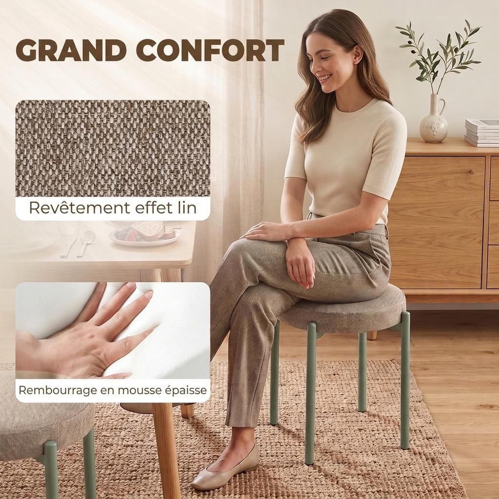 Lot of 4 Stackable Round Stools with Padded Seat, without Backrest, Space Saving, 45 x 45 x 47.5 cm, Brown Cair