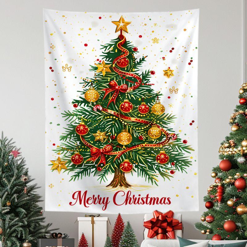 Weißer handgezeichneter Weihnachtsbaum Wandteppich Zuckerstange Rote Kugel Verzierungen Goldener Stern Feiertagstext Ästhetische Heimdekoration