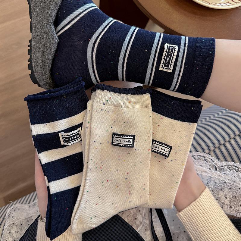 Damen Frühling und Herbst Idee Gaze Mark Streifen Spitze Mittelhohe Frotteesocken