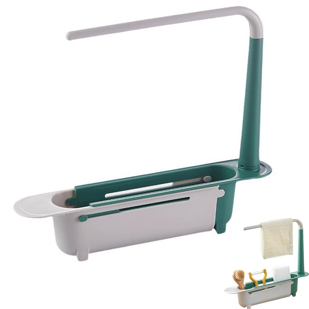 Multifunctional Telescopic Sink Caddy Drainable Kitchen Organizer with Towel Bar Expandable Sponge Soap Brush Holder