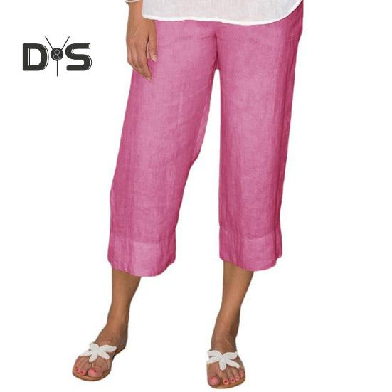Women Pants Elastic Waist Mid-rise Wide-Leg Casual Pants with Pockets Solid Color Long Trousers Daily Wear
