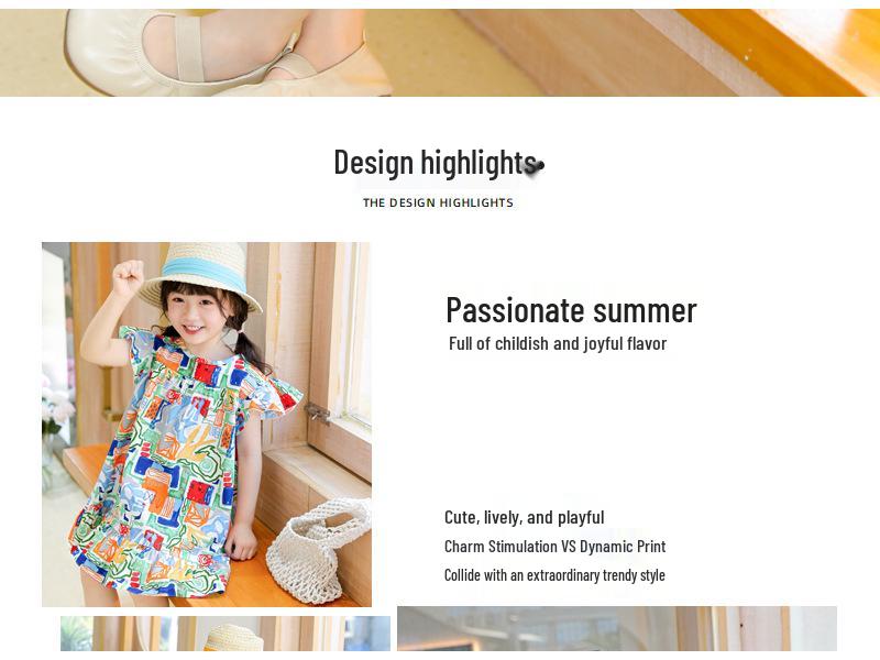 Oujitu Girls' Lace Sleeve Cotton A-line Skirt Dress with Cartoon Print - Spring Children's Clothing