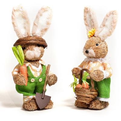 Set of 2 Easter Decorations Straw Bunny Figurine Tabletop Decor Bunny Couple Statue with Carrot Eggs Spring Decor Centerpiece for Home Table Farmhouse