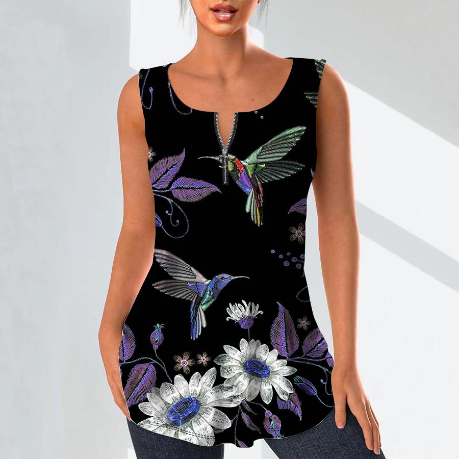 Kadın Moda V Yaka Gömlek Casual Tops T-shirt Bayanlar 3D İşlemeli Kuşlar Baskı Yelek Artı Boyutu Kolsuz Bluz Tank Tops