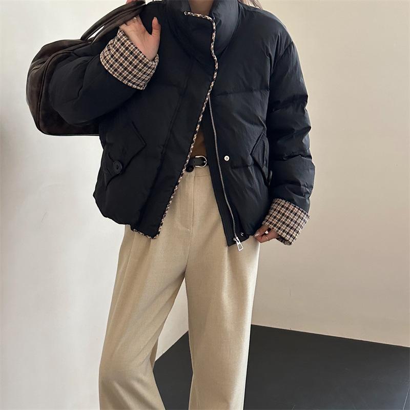 Design Sense Kurze Daunenjacke Damen Brotjacke Tausend Vogelgitter Spleißen Winterjacke 2024 Winter Neu