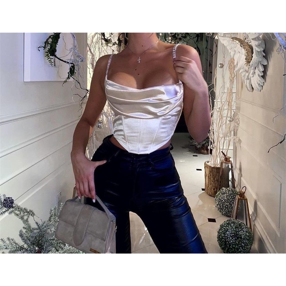 Sexy Women's  Suspender  Vest Rhinestone - Strapped Satin Crop Camisole: Chic & Sparkly, Multiple Colors Available