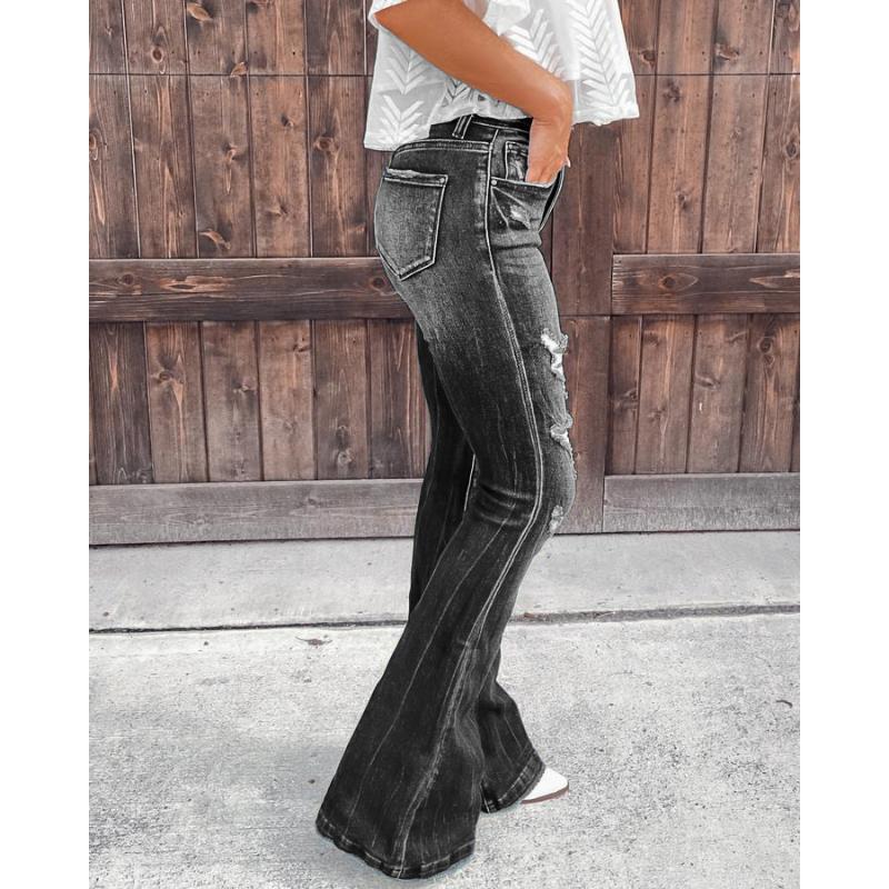 New Women's High Waist Ripped Flare Jeans, Vintage Washed Stretch Denim Pants with Distressed Details, Streetwear Casual Bell Bottoms