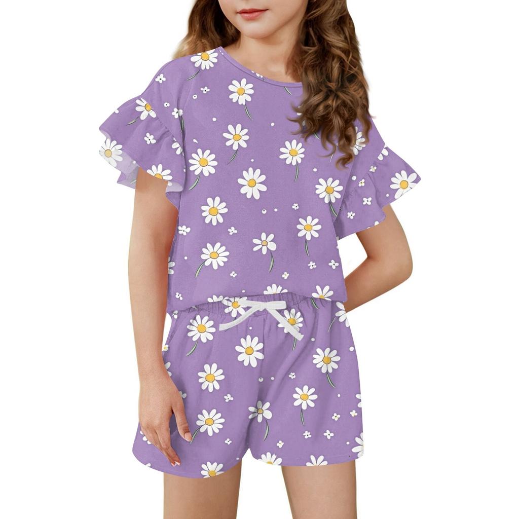 Girls' Summer Outfit Ruffle Sleeve Top And Shorts Clothing Set Lightweight Casual Two Piece