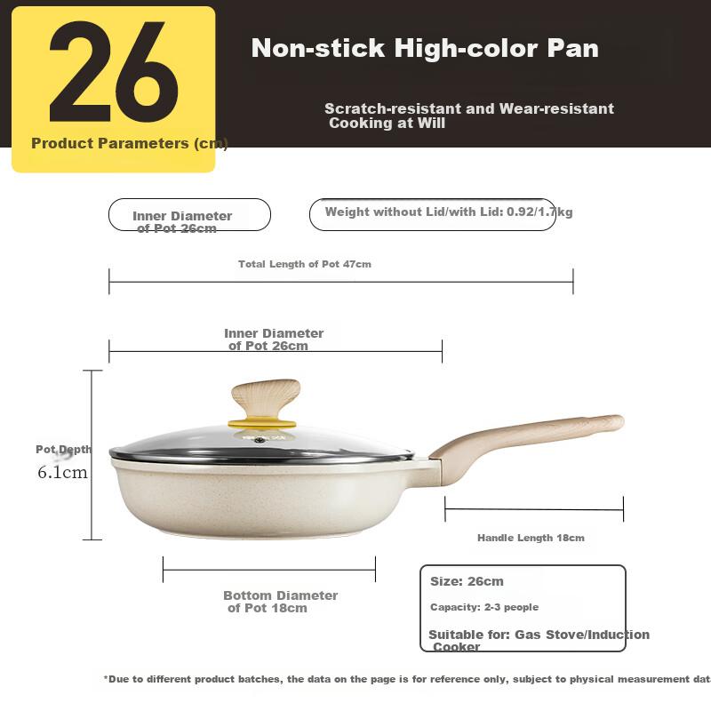COOKER KING Titanium Shield Frying Pan, Flat Bottom Pan, Maifanshi Color Non-Stick Pan, Multifunctional Easy-Clean Low-Smoke Frying Pan, 26cm