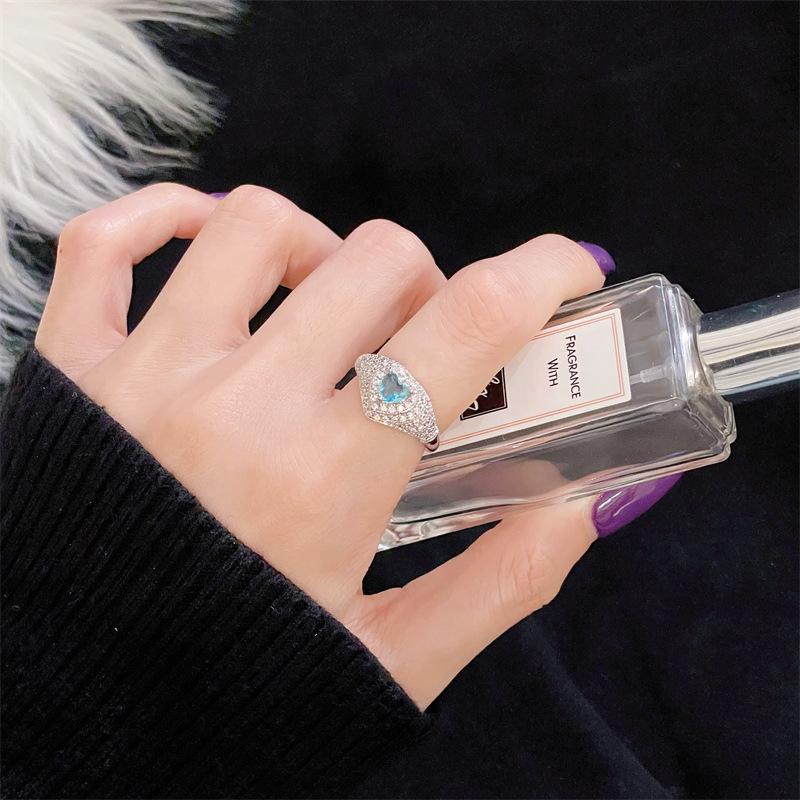 New Niche Light Luxury High-End Color Treasure Sea Blue Zir*****Pen Ring Simple Fashion Jewelry Women