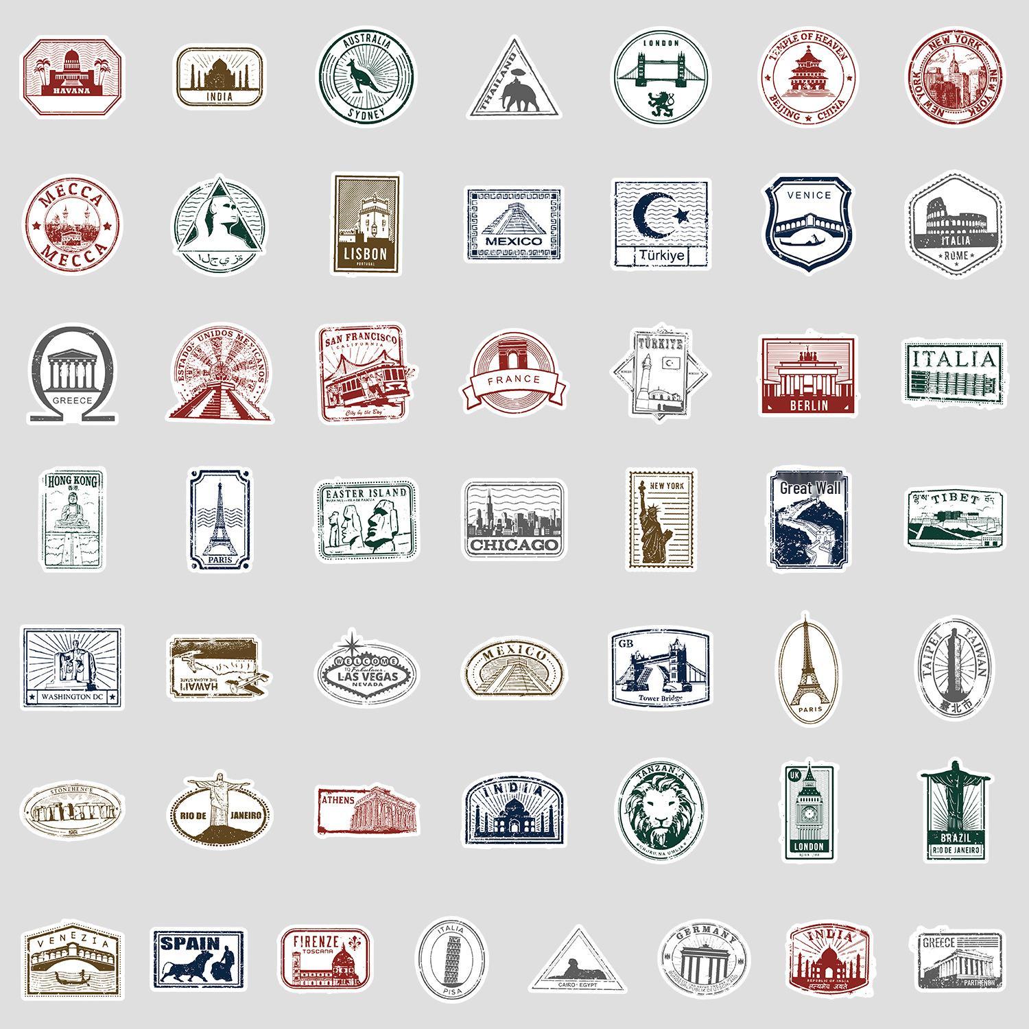 50 Postmark Graffiti Stickers – Waterproof & Decorative for Travel, Suitcase, Computer, Phone