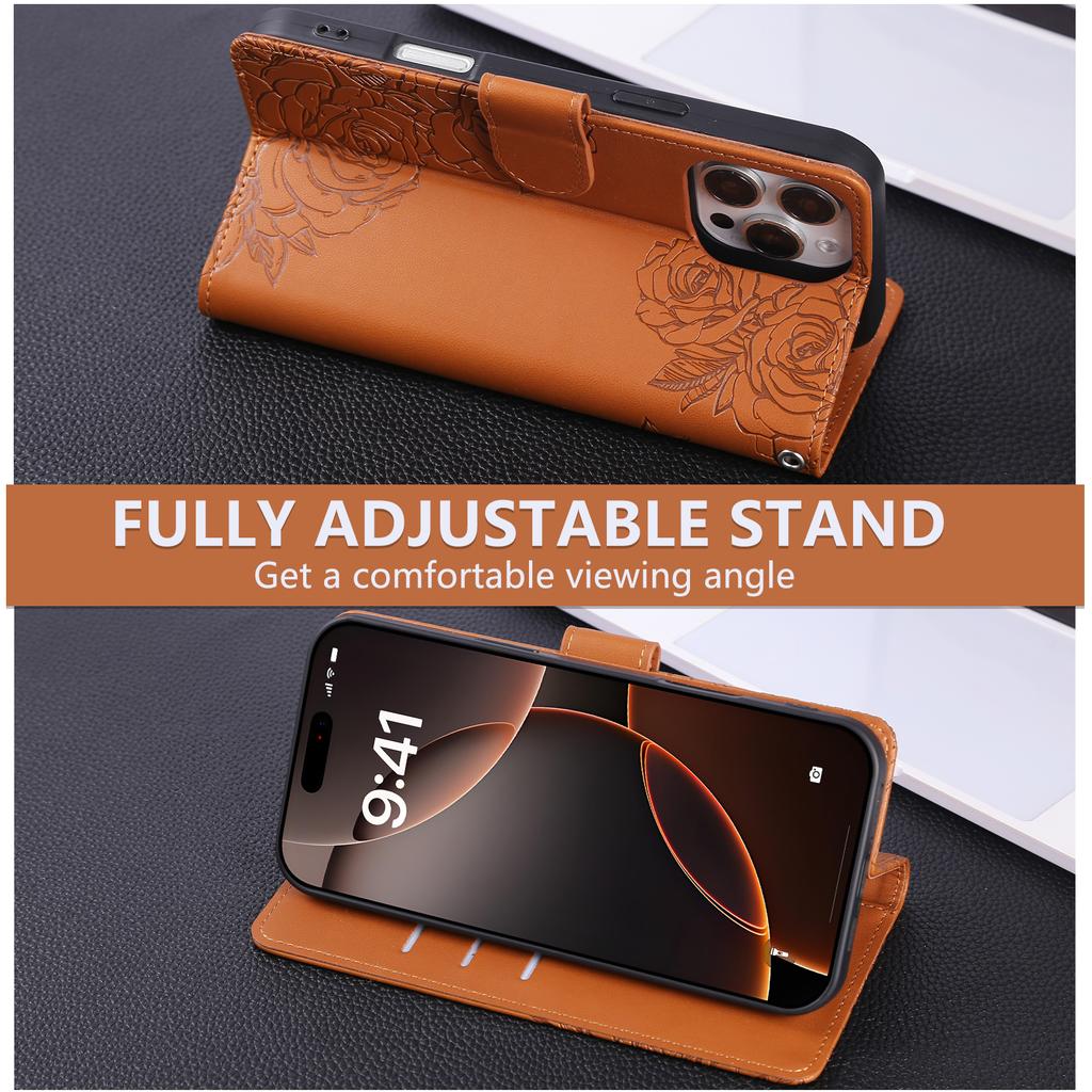 For iPhone 16 Pro Max Case Rose Flower Wallet PU Leather Phone Cover with 3 Card Slots