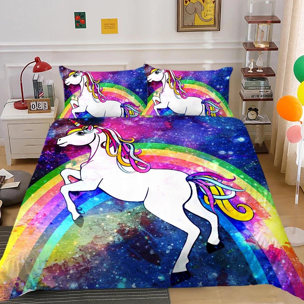 Jednorožec King Queen Povlak na přikrývku Kreslené zvíře Rainbow Universe Sada povlečení pro děti Teen Cosmic Starry Sky Polyester Povlak na přikrývku