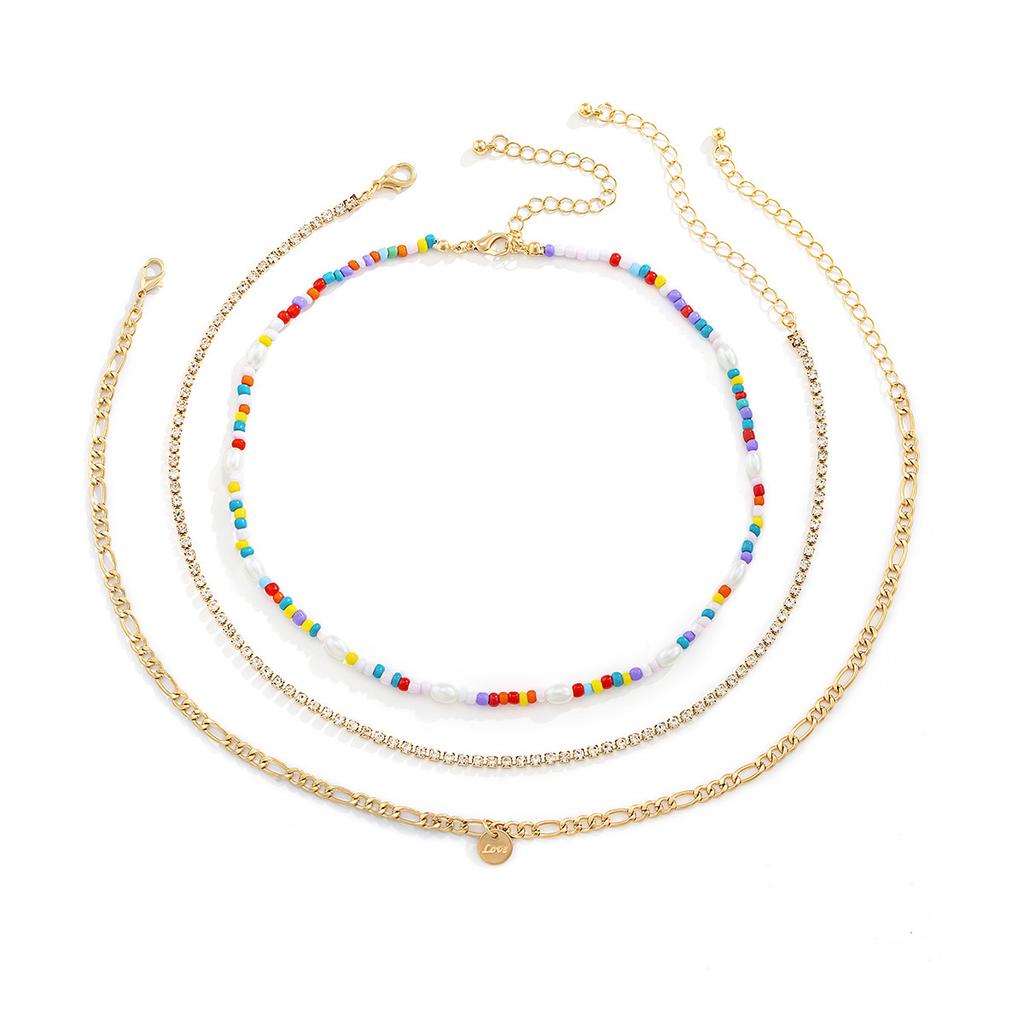 Jewelry, Claw Chain Metal Letter Sequined Item, Ethnic Color Rice Bead Imitation Pearl Multi-Layer Necklace