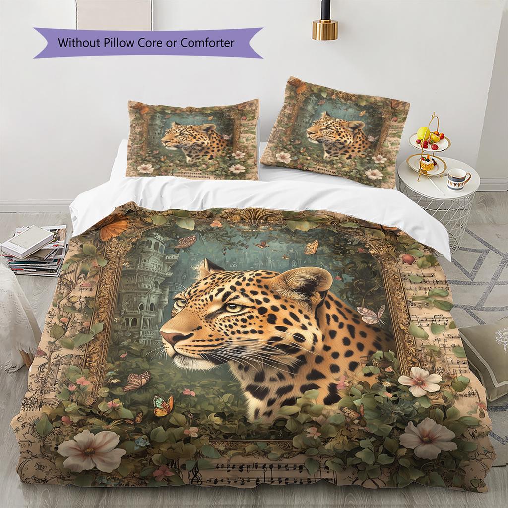 Forest Leopard Pattern Bedding Quilt Set Quilt Cover Pillowcase Home Decoration Gift (1 * Duvet Cover + 2 * Pillowcase, Without Core)