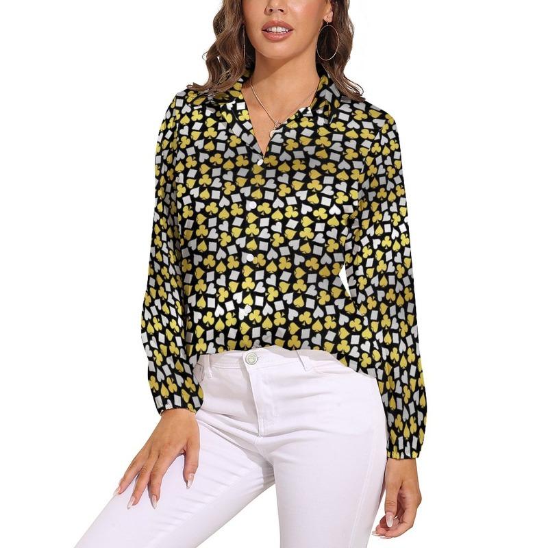 Poker Cards Print Blouse Female Card Suits Casual Loose Blouses Long-Sleeve Modern Shirt Printed Clothing Large