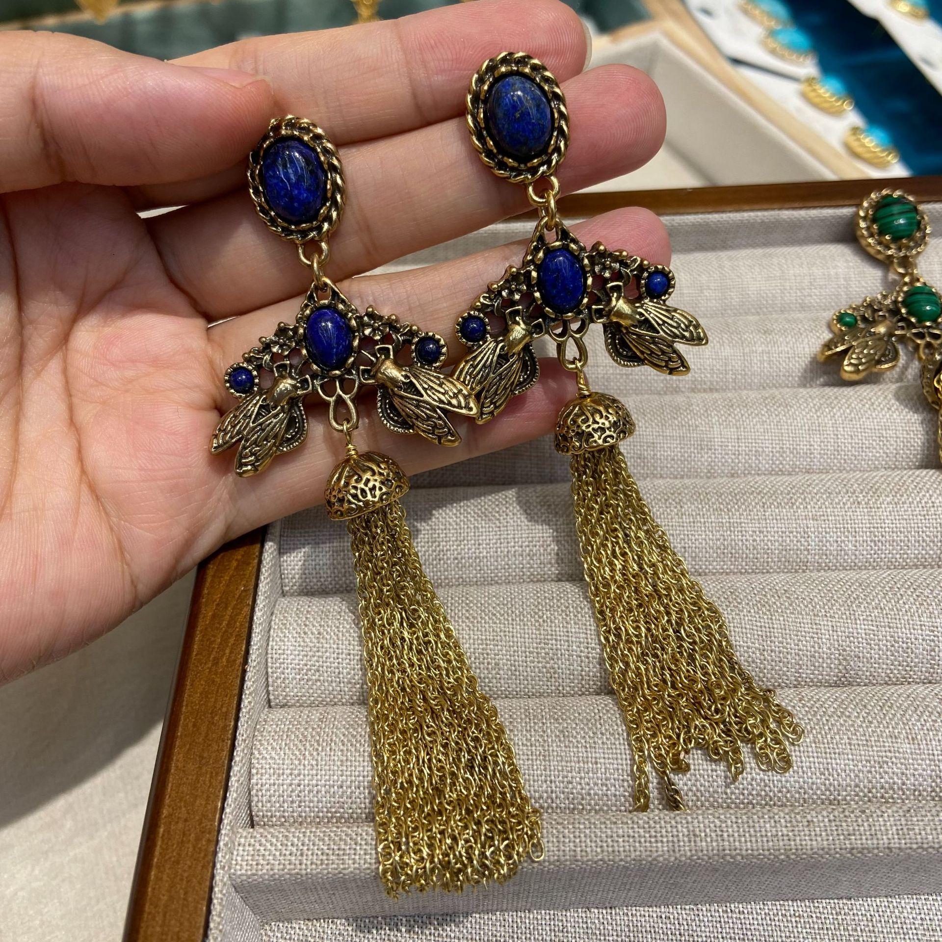 Hot-Selling Natural Turquoise Medieval Vintage Earrings Women S Retro Personality Niche Fringed Earrings Earrings