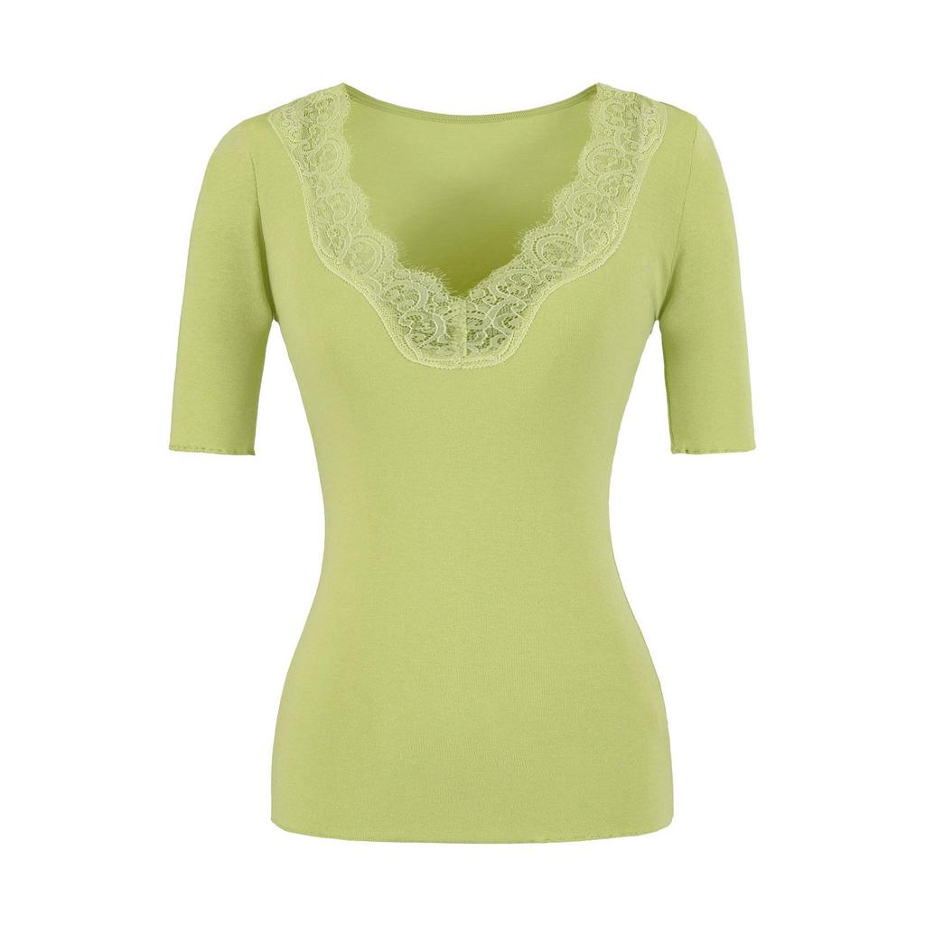 Elegant Lace Patchwork 5-Sleeve V-Neck Slimming Top - Spring/Summer 2026