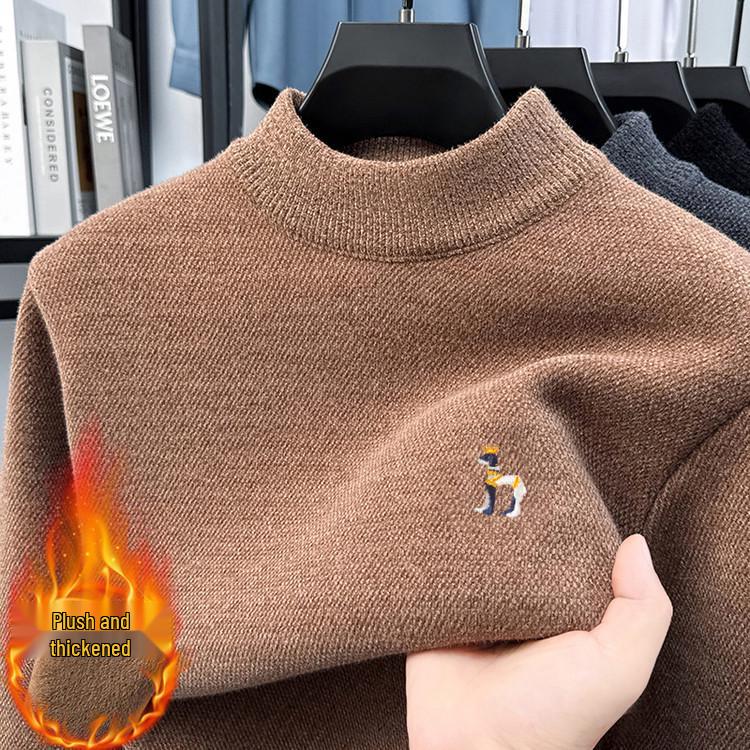 Men's Fleece-Lined Knit Sweater with Half-High Collar and Integrated Fleece Inner Warm Top 