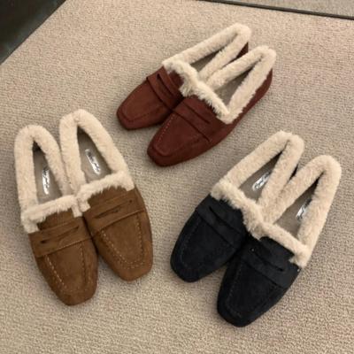 Fashion Winter Warm Fluffy Brand Flats Women High Quality Faux Suede Sewing Square Toe Design Loafers Comfort Non Slip Zapatos De Mujer
