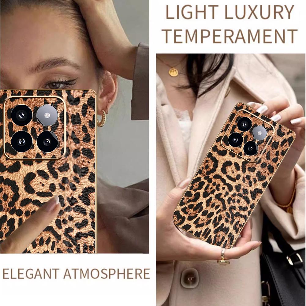 For Xiaomi 14 Pro Case Leopard Print PU Leather Coated PC+TPU Electroplating Phone Cover