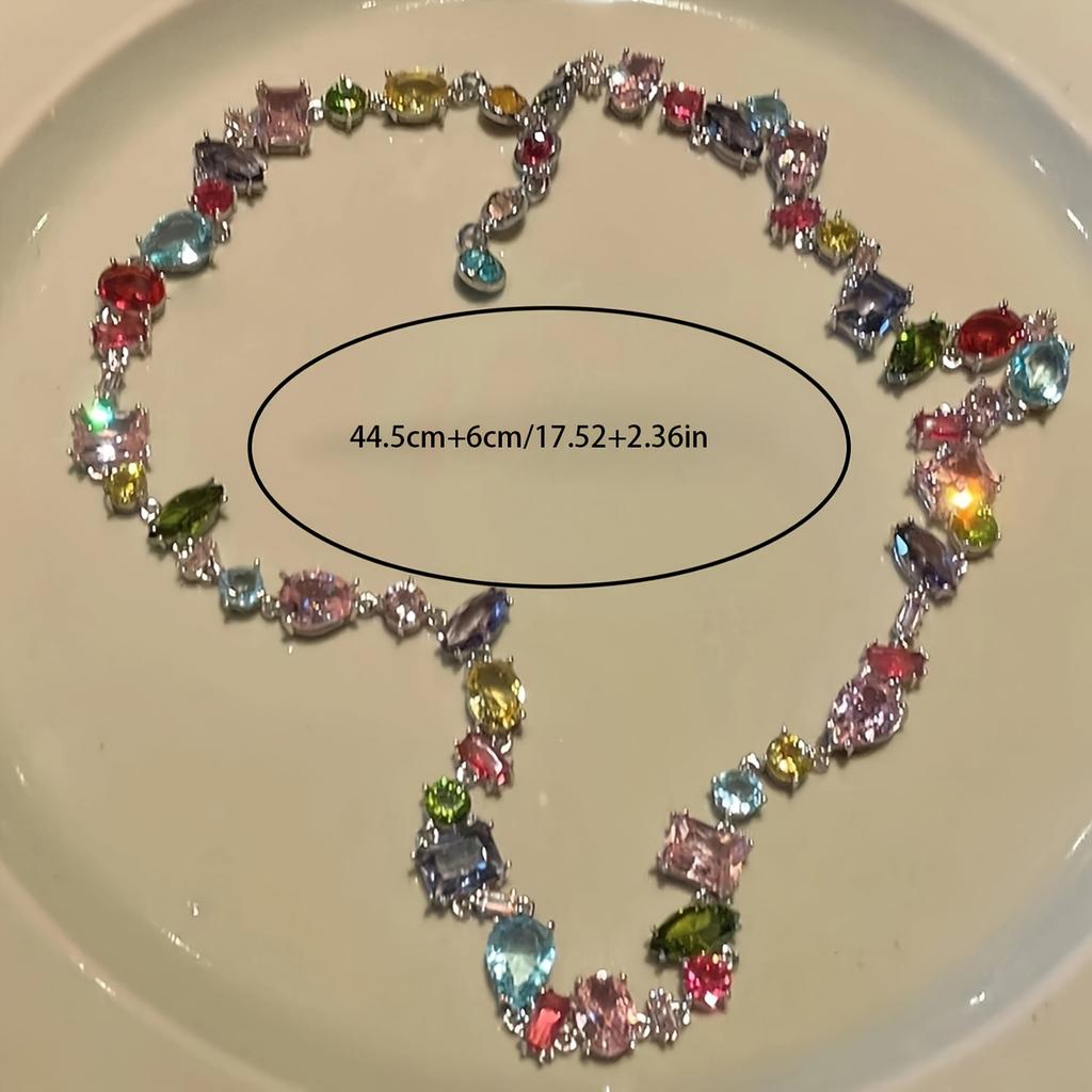 Candy Color Crystal Zircon Necklace, Sparkling Y2K Style, Rainbow Collarbone Chain, Jewelry Gift, Suitable for Eid Al-Fitr.