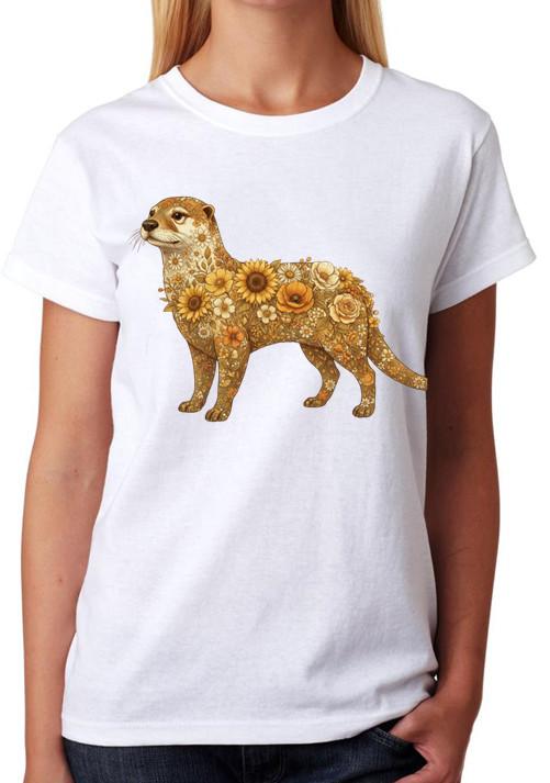 Floral Otter Illustration Ladies T-Shirt Nature Inspired Wildlife Tee XL