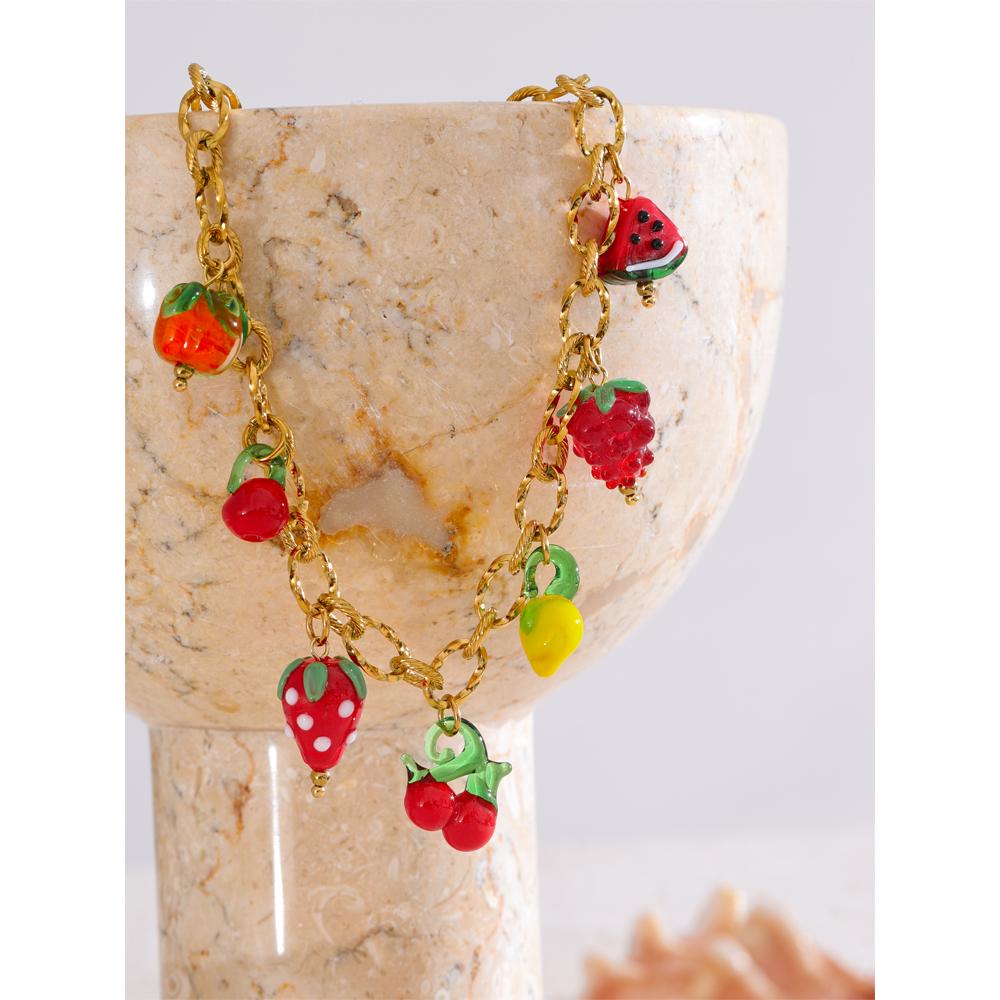 Yhpup Süße Frühling Sommer Bunte Glasur Frucht Charme Anhänger Halskette Gold Farbe Edelstahl Trendiger Schmuck für Mädchen Damen