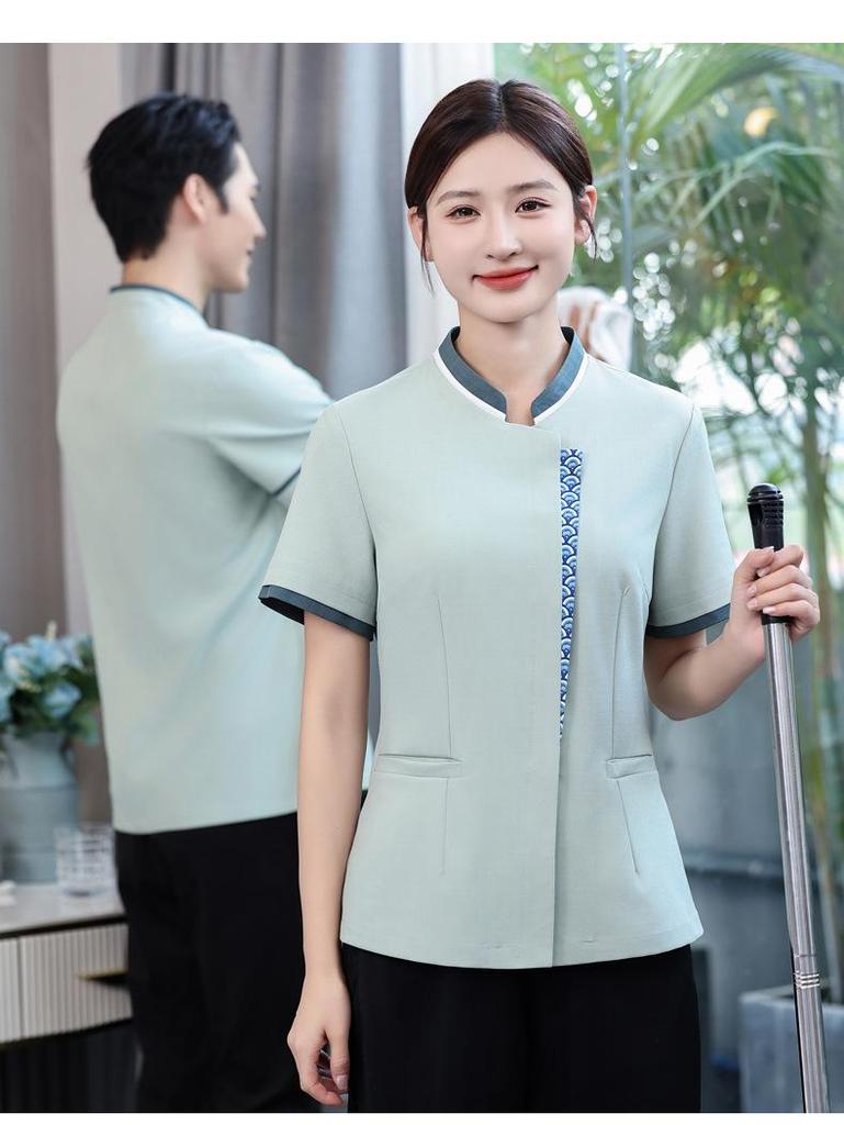 Chinese Style Short Sleeve Cleaning Uniform for Hotel and Office Staff
