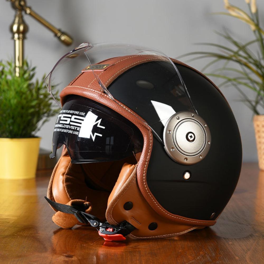 

Ретро мотоциклетный ретро шлем с двойным козырьком, сертифицированный 3C, мужской и женский, защитный шлем для локомотива, кожаный полушлем, для электромобиля L59—60 матовый черный