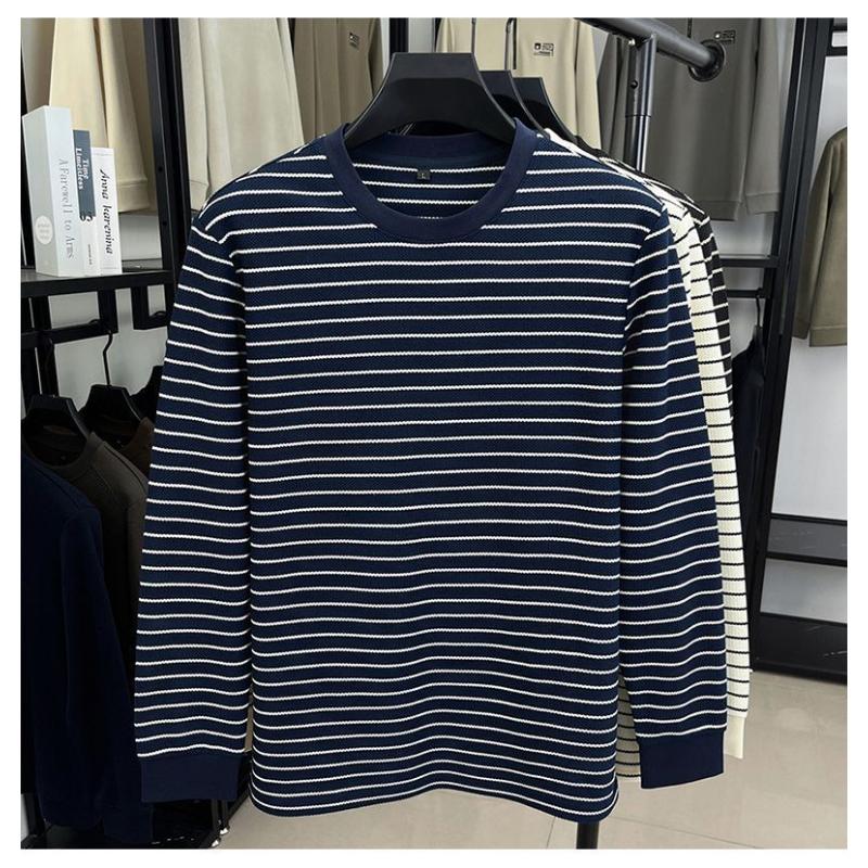 Maglia da uomo a righe con scollo rotondo, manica lunga, casual, con texture a nido d'ape