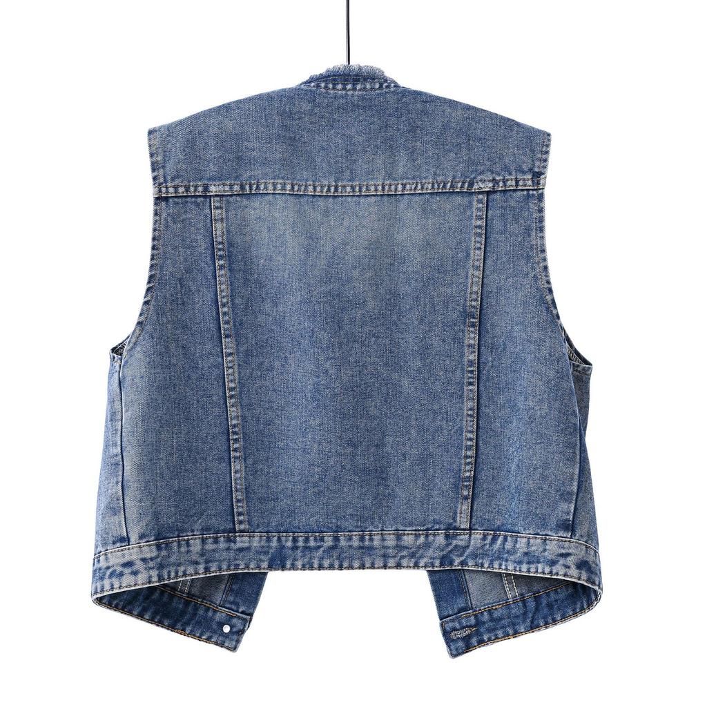 Rounded-neck Women's Denim Vest with Fringes, Short Blazer, Casual and Retro Fitted Sleeveless Pullover