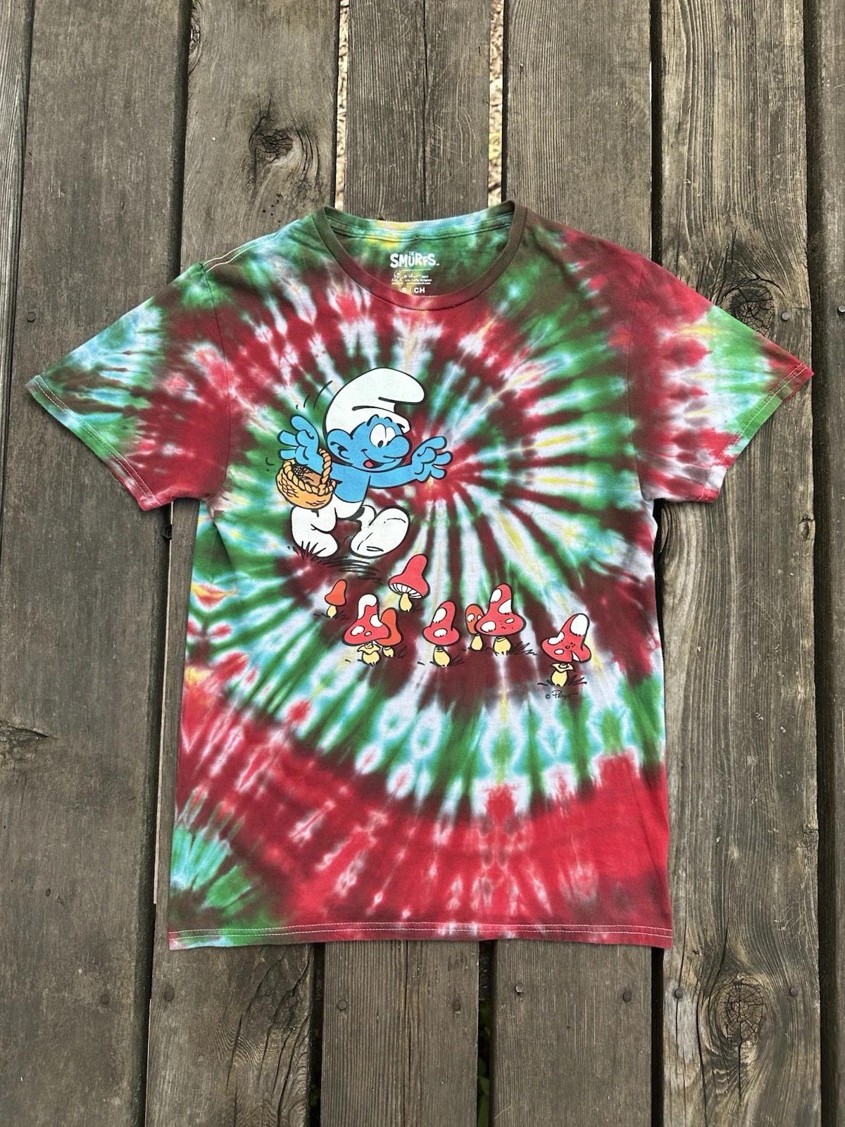 The Smurfs Tie Dye T Shirt Men’s Small Mushrooms Rainbow S