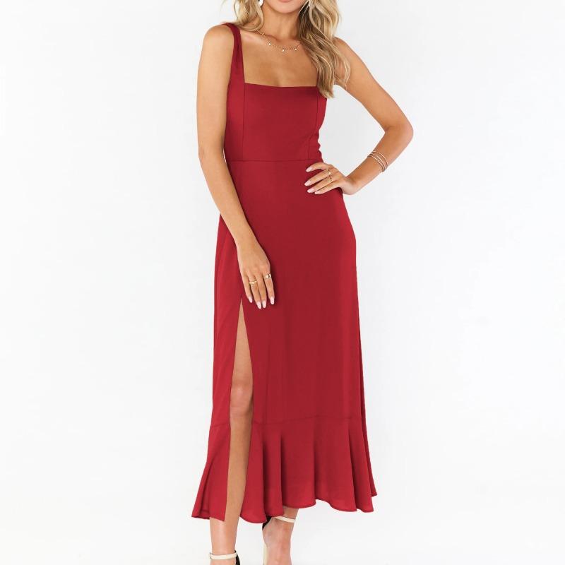 Summer Women's Pullover Hanger Strap Off Shoulder One Line Neck Lace Up Bow Tie Solid Color Split Fashion Casual Sexy Dresses
