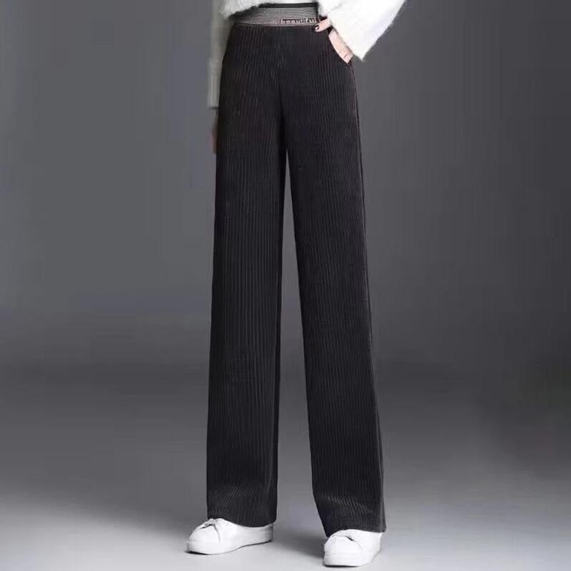Fleecing Plush Thick Warm Letter Stripes High Waist Corduroy Straight OL Wide Leg Long Pant Women Winter Casual Trouser Clothing