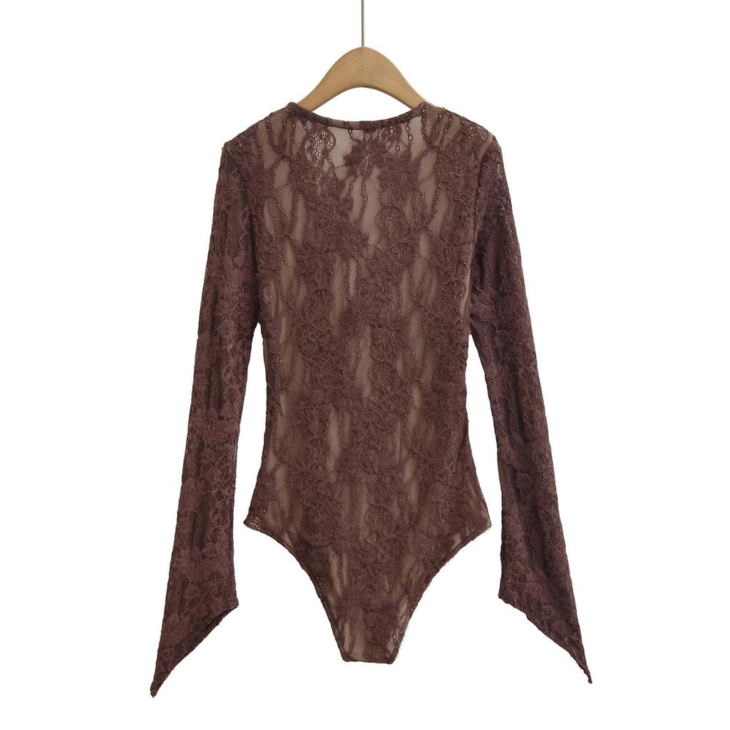 Retro Fishing-Style V-Neck Lace Bodysuit: Slim Fit Long Sleeve Base Layer for Women.