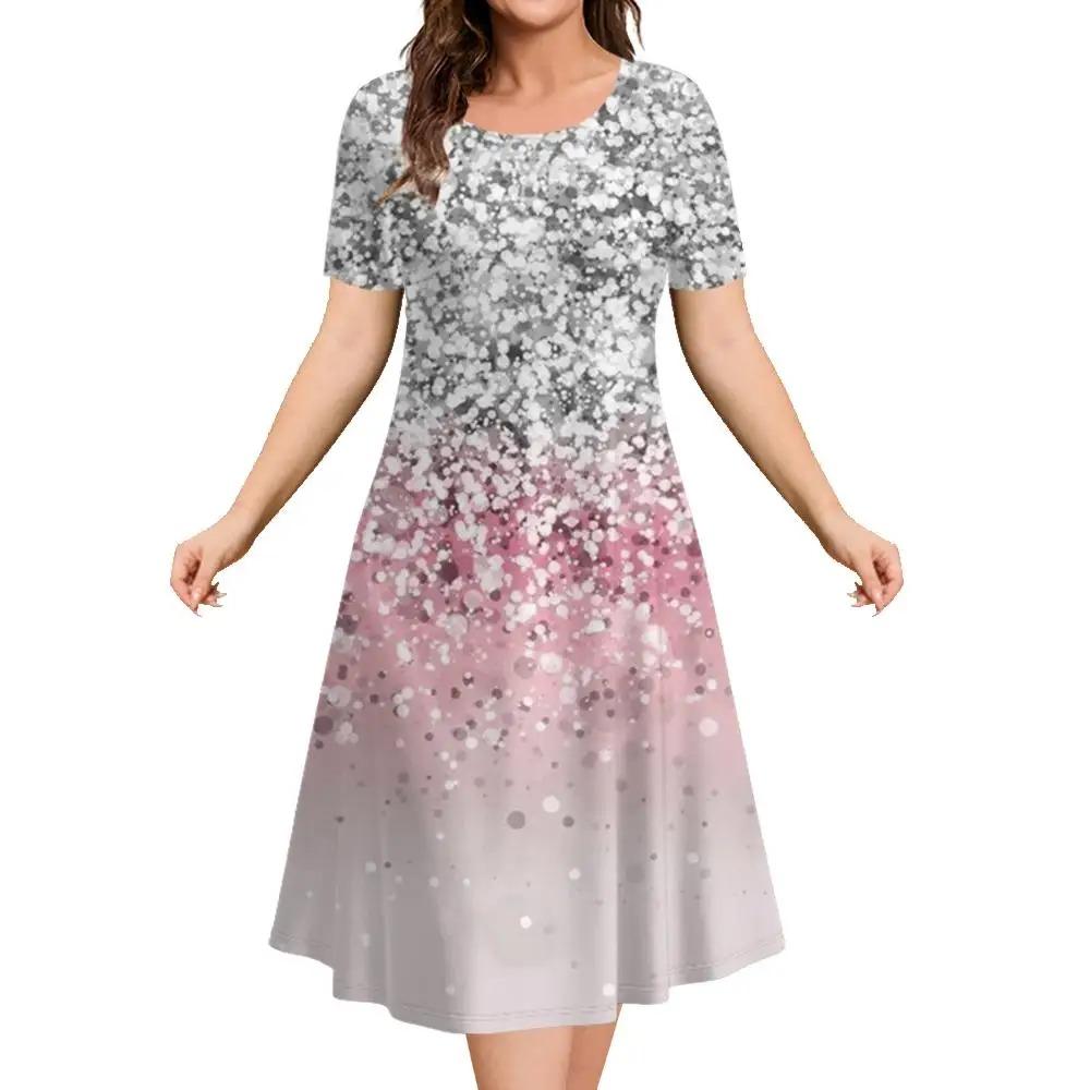 Fashionable and elegant women's dress short sleeved O-neck casual vacation party dress 3D printed A-line dress