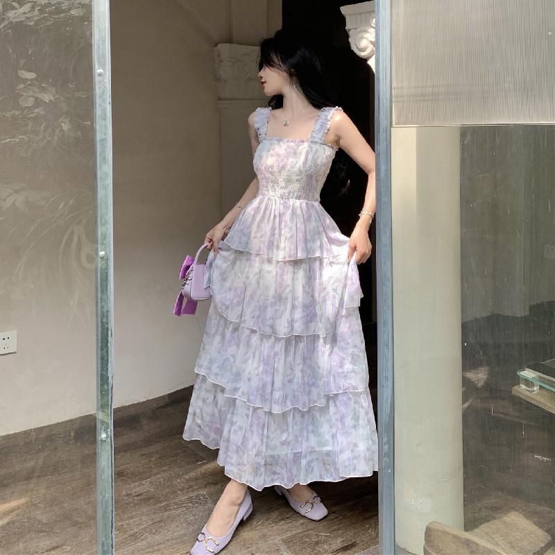 

Одежда для французской морской фотографии, супер сказочное платье с цветочным узором для отпуска и подтяжками, юбка-тортик, утягивающая пляжная юбка для женщин летом S