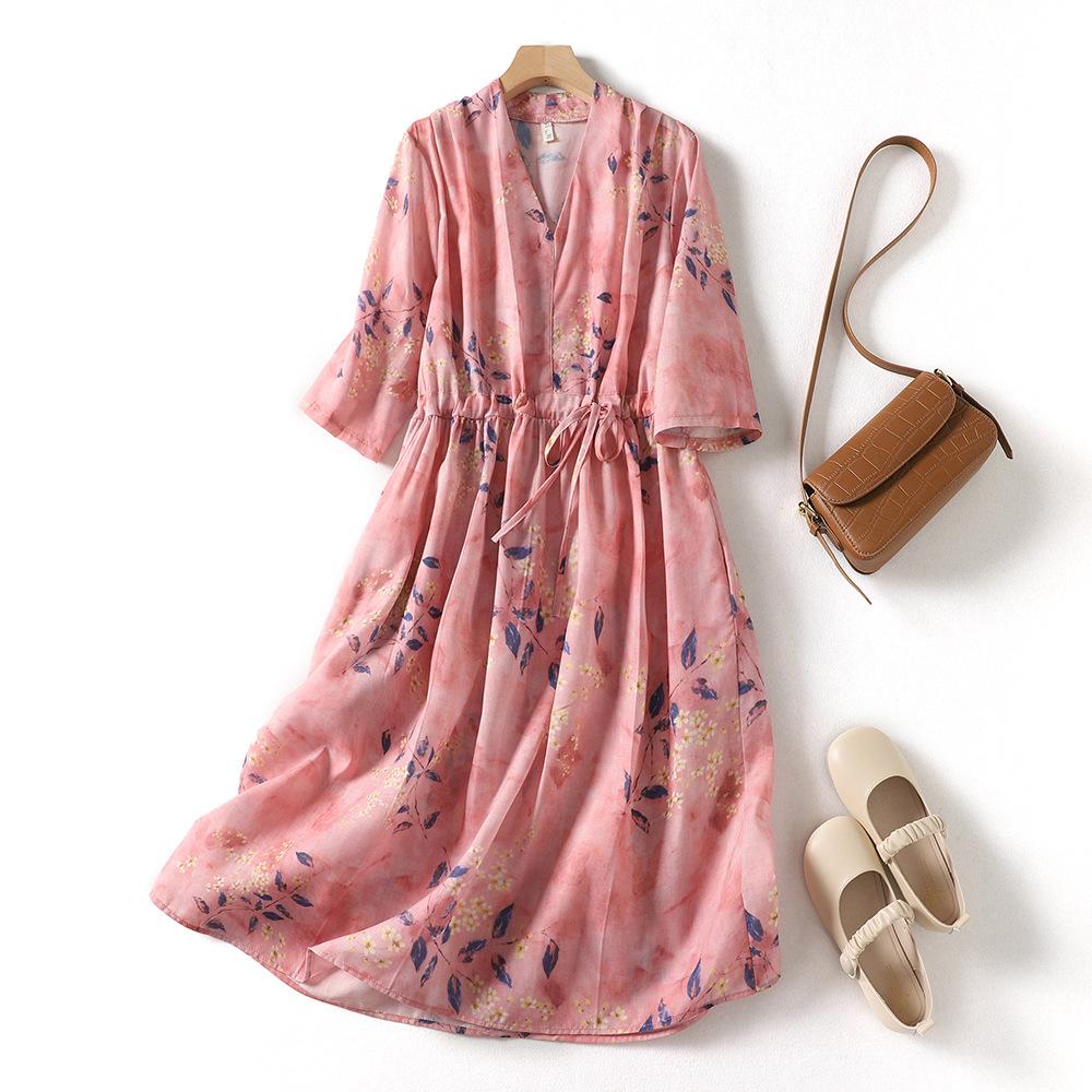 

Дизайн плеч 2025 лето новая хлопково-льняная принтованная модель с V-образным вырезом и кулиской на талии, сказочное платье 2XL розовый