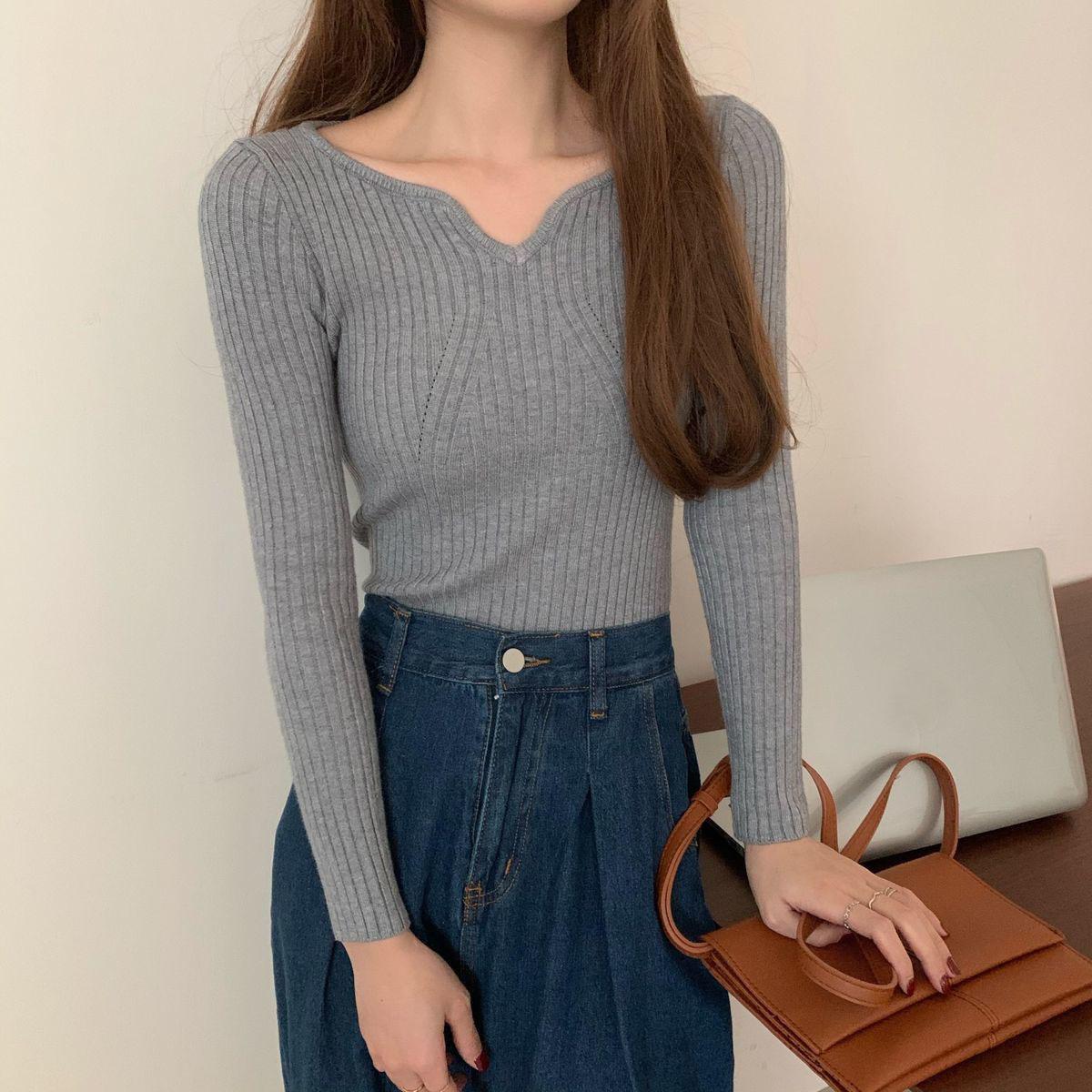 

Свитер женский пуловер с V-образным вырезом и длинным рукавом вязаный свитер тонкий корейский тонкий однотонный базовый трикотажный джемпер осень и зима XL серый