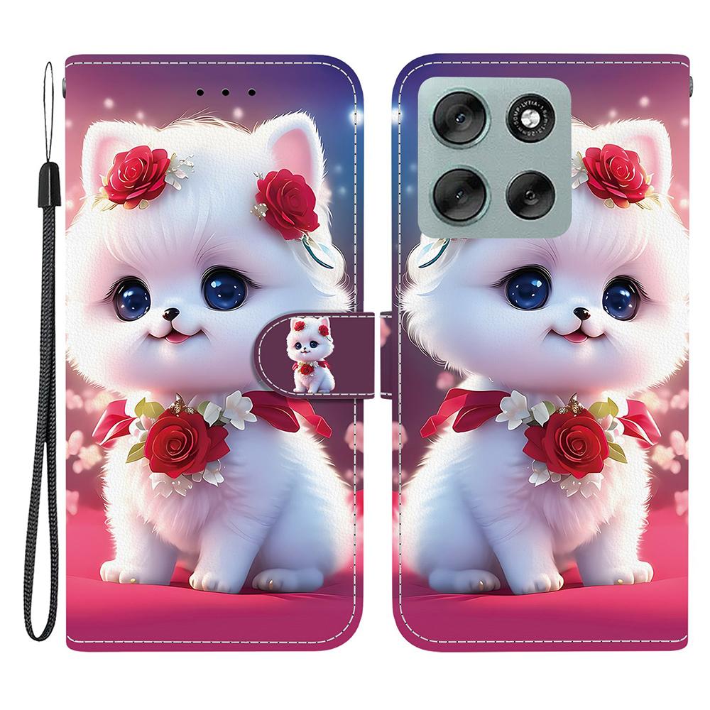

For Motorola Moto G56 5G Leather Case Stand Wallet Pattern Printing Phone Cover with Wrist Strap Rose Cat