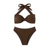 2025 Women's Solid Color Tie-up Bikini Split Swimsuit - European & American Style