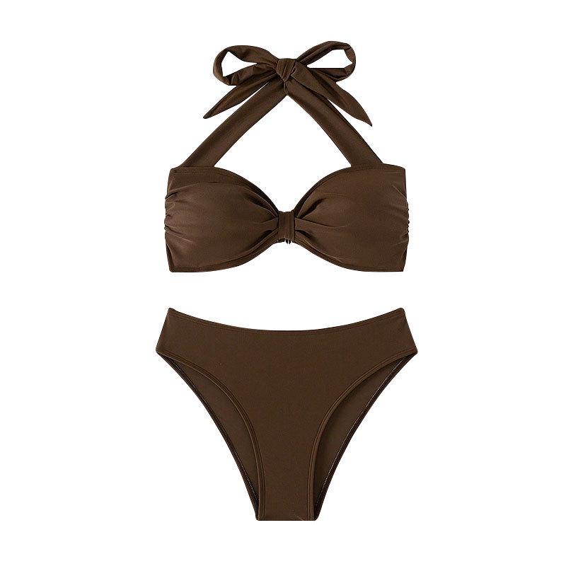 2025 Women's Solid Color Tie-up Bikini Split Swimsuit - European & American Style