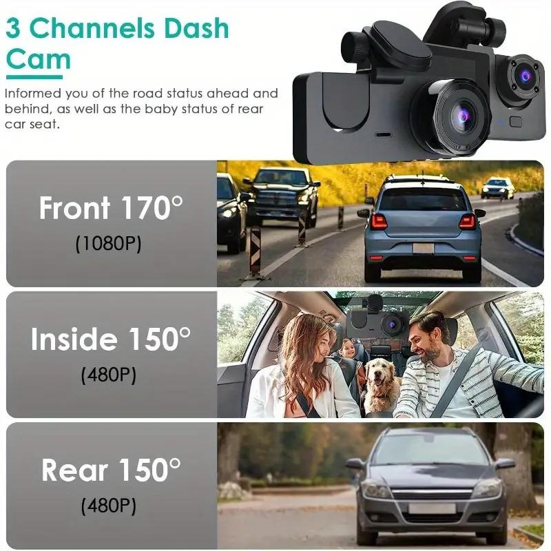 DVR para automóvil HD 1080P con 3 lentes para tablero de instrumentos, cámara de tres vías, grabadora de video, videocámara para tablero de instrumentos, pantalla IPS de 2.0 pulgadas y cámara trasera