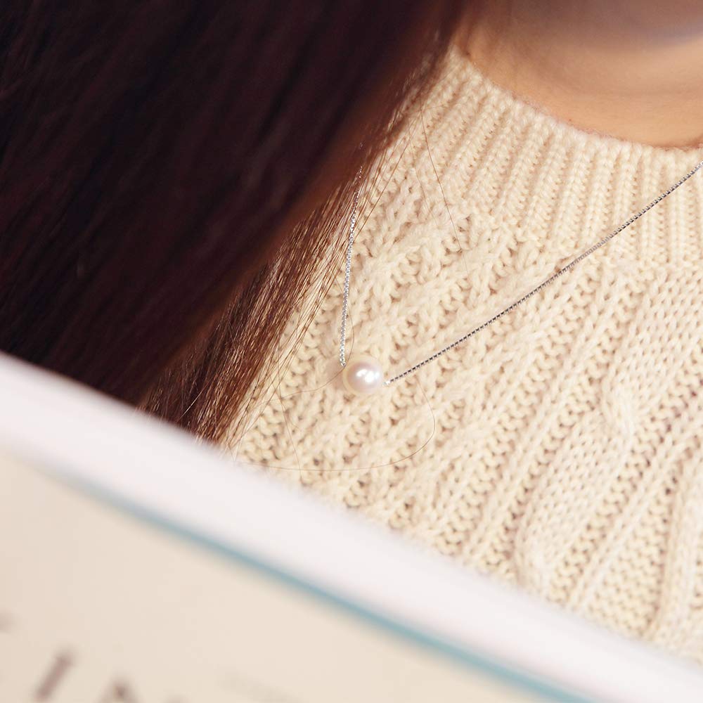 [ZIMO] White Pearl Chain Necklace with 925 Sterling Silver Accessories, Single Freshwater Pearl Pendant