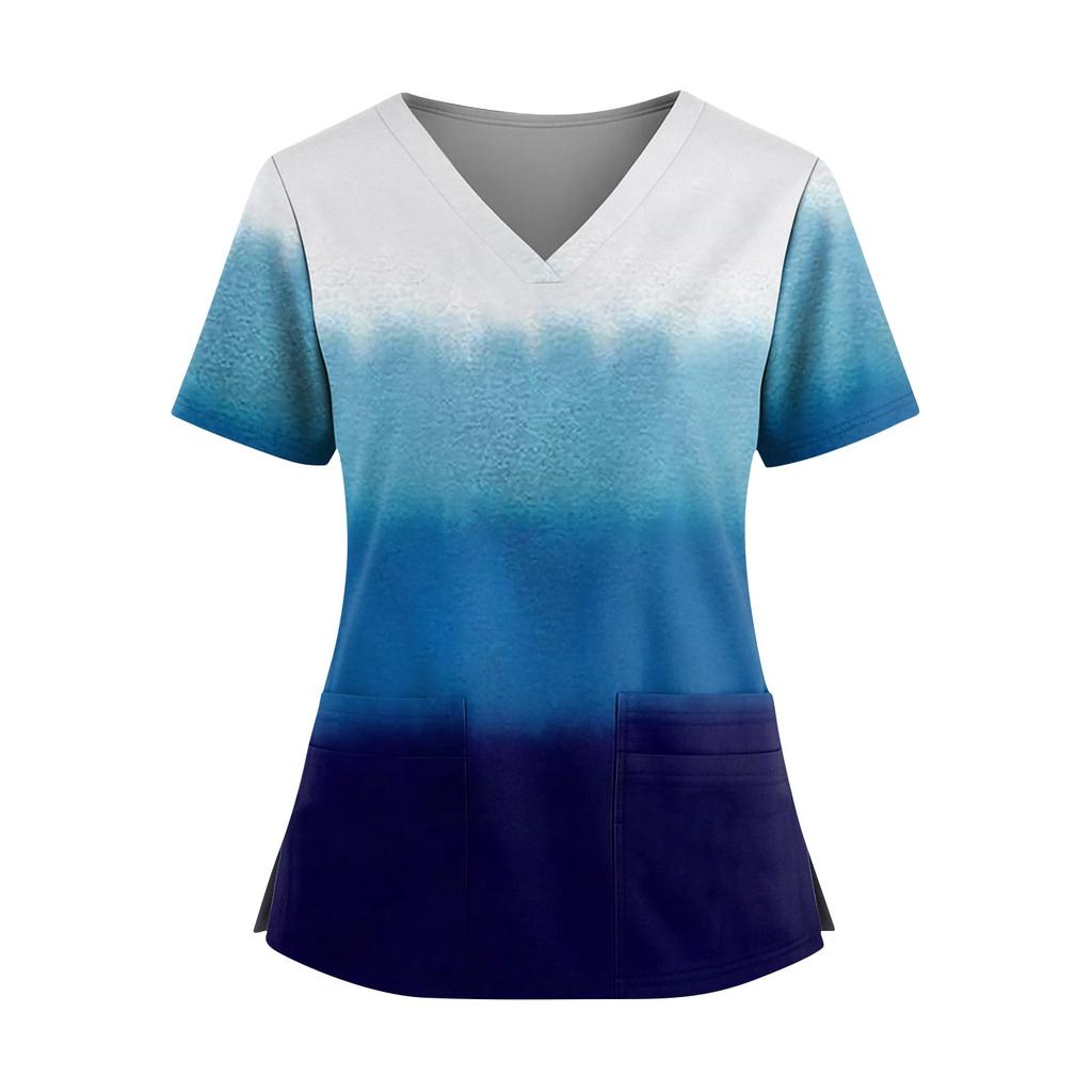 Women's Fashionable Printed V Neck Double Pocket Short Sleeved Shirt With Slit Hem Uniform And Worker Top