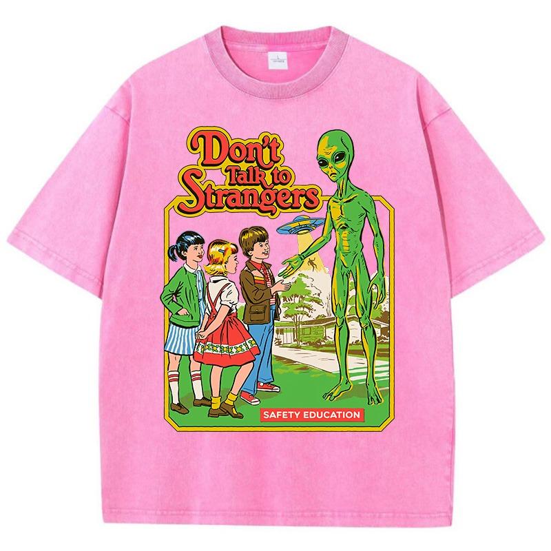 T-shirt Femme Impression Classique Communication Alien Dessin Animé Vintage Lavé Usé