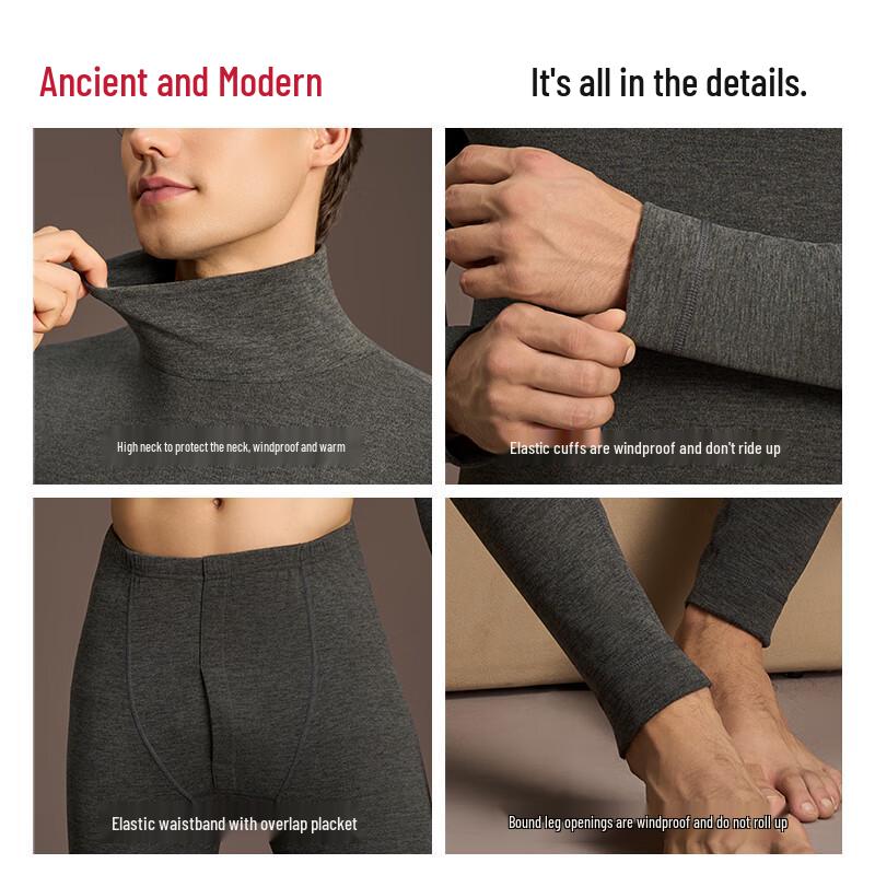 GUJIN Herren Thermounterwäsche-Set mit hohem Kragen aus Seide-Wolle-Mischung