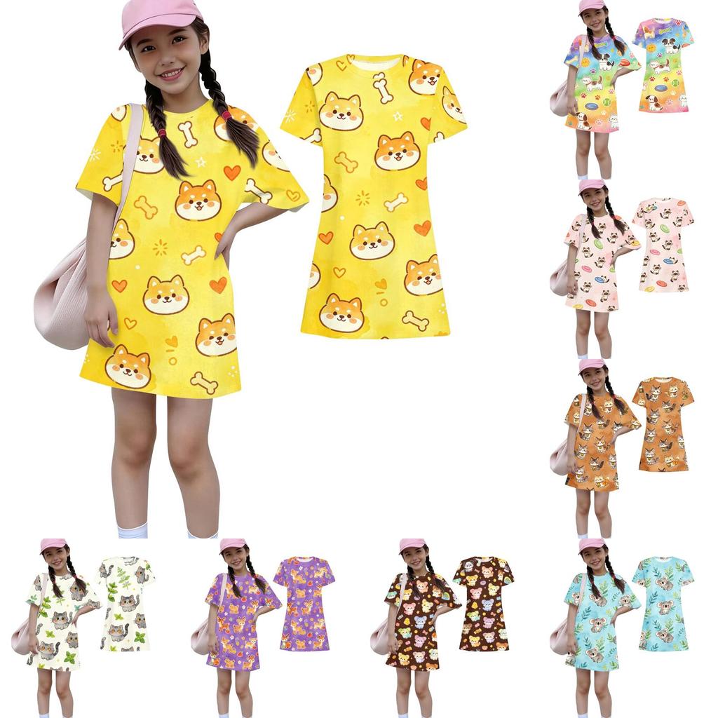 Girls Loose Fit Short Sleeve Dress Lightweight Round Neck Casual Dress with Animal Print Pattern for Kids Summer Wear