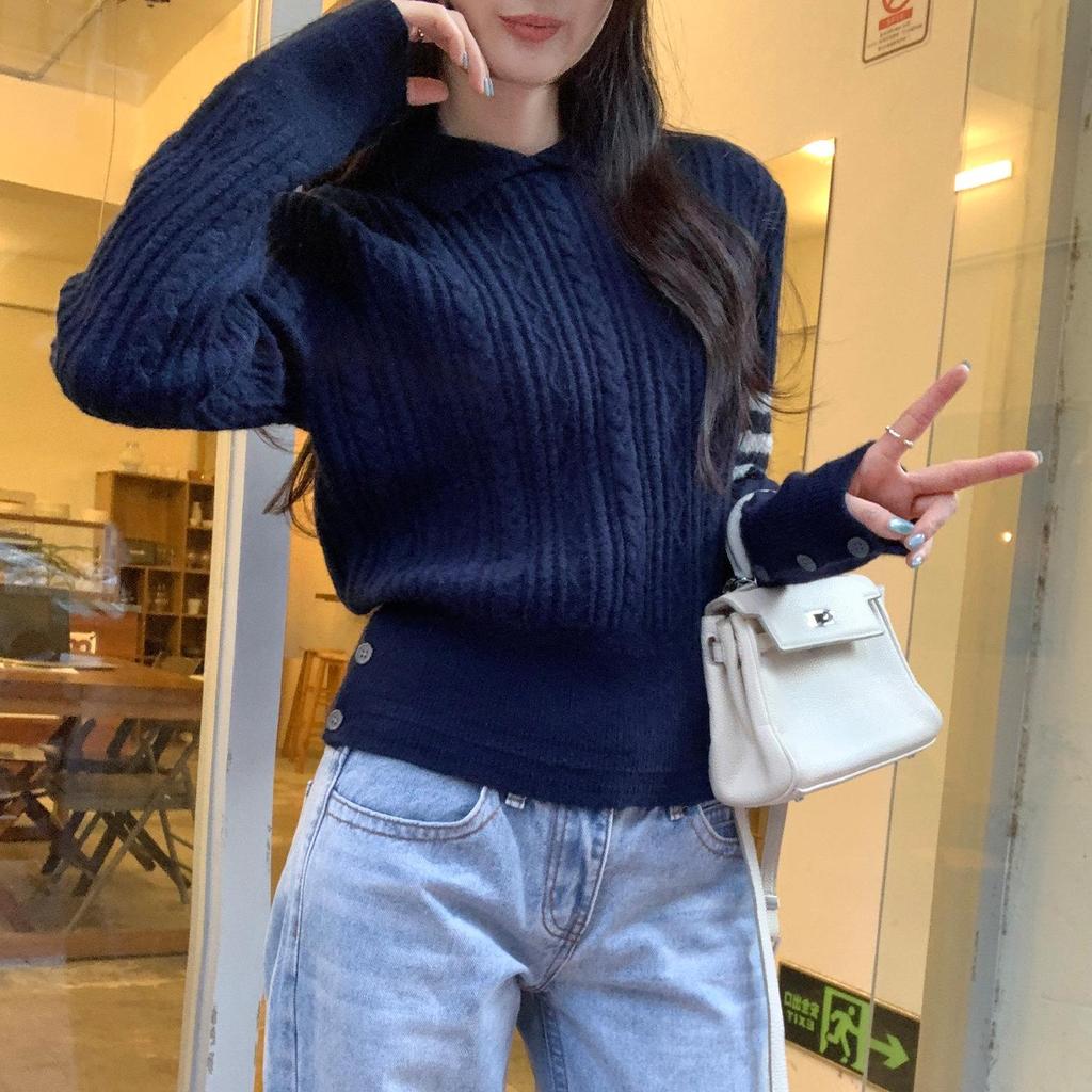 European Dark Blue Striped Lapel Sweater for Women - Spring/Autumn 2026 Cable Knit Top